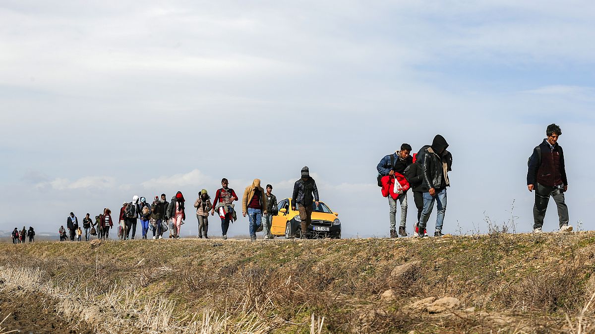 Des migrants marchent près de la frontière entre Grèce et Turquie, février 2020