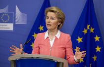 European Commission President Ursula von der Leyen speaks during a media conference after the weekly College of Commissioners meeting at EU headquarters in Brussels.
