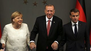 Almanya Başbakanı Angela Merkel, Cumhurbaşkanı Recep Tayyip Erdoğan, Fransa Cumhurbaşkanı Emmanuel Macron