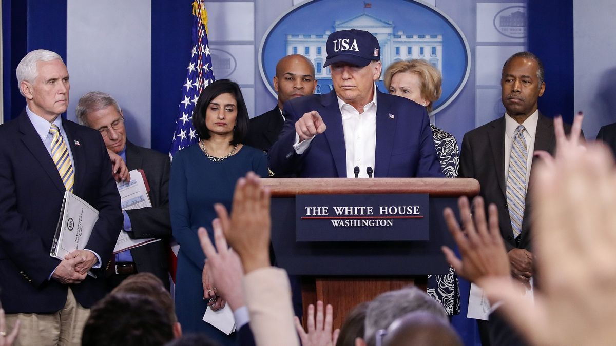 President Donald Trump speaks during briefing on coronavirus in the Brady press briefing room at the White House, Saturday, March 14, 2020, in Washington