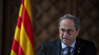 Catalan regional president Quim Torra speaks at the Palace of the Generalitat, the headquarter of the Government of Catalonia, in Barcelona, Spain.
