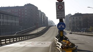 An almost deserted overpass as private traffic was stopped Sunday following high pollution levels in Milan, Italy, Sunday, Feb. 2, 2020.