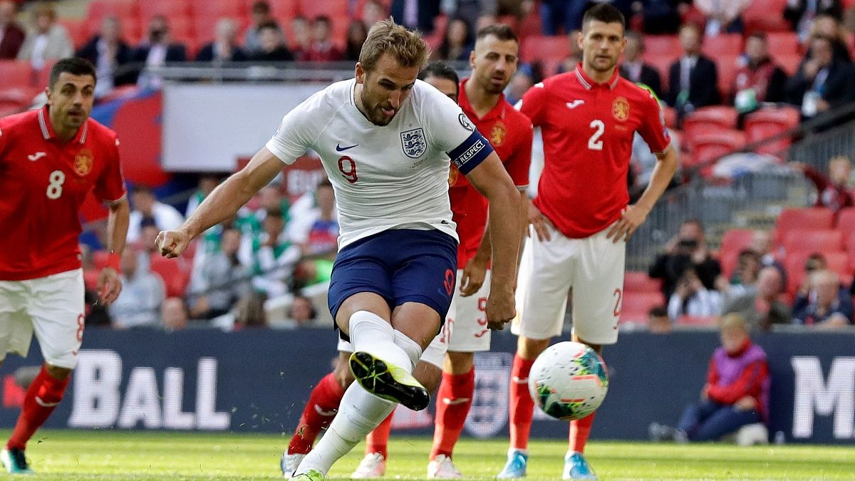 Harry Kane takes a penalty during a EURO 2020 qualifier between England and Bulgaria