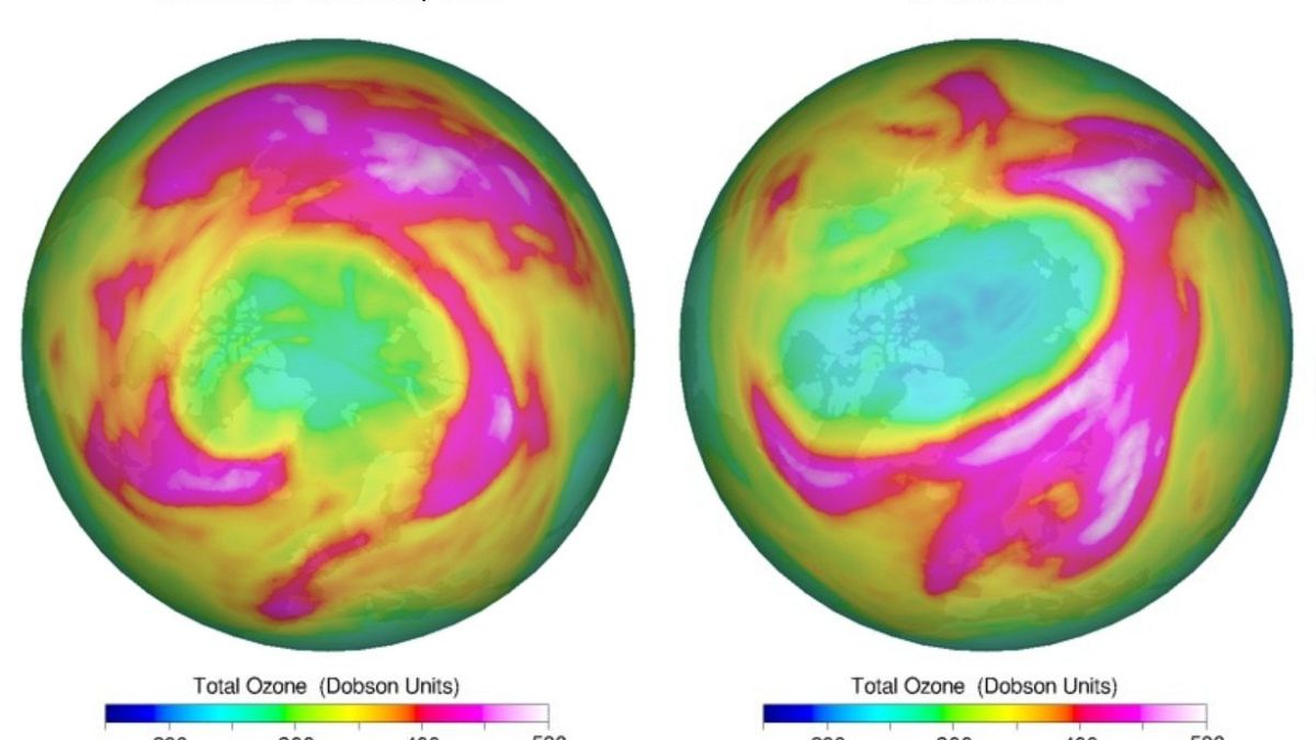 A la izquierda, agujero en la capa de ozono en 2011, a la derecha, 2020
