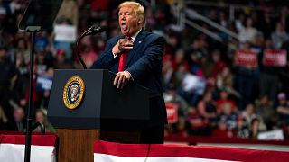 President Donald Trump makes a joke as he speaks during a campaign rally at Bojangles Coliseum, Monday, March 2, 2020, in Charlotte, N.C. (AP Photo/Evan Vucci)