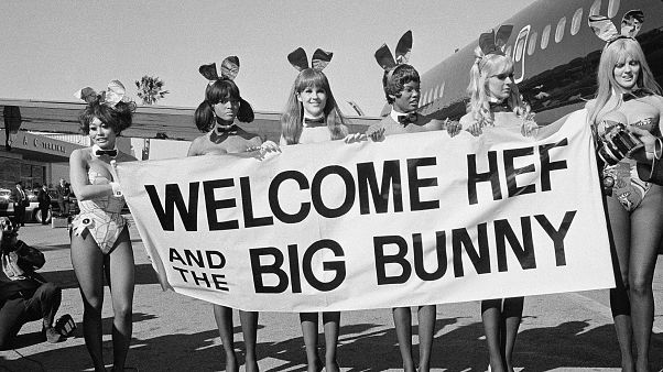 Playboy Bunnies welcome Hugh Hefner on the inaugural flight of his new DC-9 jetliner, The Big Bunny, March 17, 1970. The women are unidentified. (AP Photo/George Brich) Playboy Bunnies welcome Hugh Hefner on the inaugural flight of his new DC-9 jetliner, The Big Bunny, March 17, 1970. The women are unidentified. (AP Photo/George Brich)