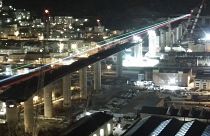 Genoa bridge illuminated with the colours of the Italian flag