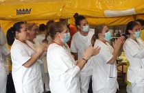 Field hospital in Madrid celebrates their first coronavirus patient being given the all-clear