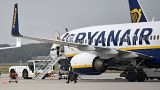 In this Sept. 12, 2018 file photo, a Ryanair plane parks at the airport in Weeze, Germany. 