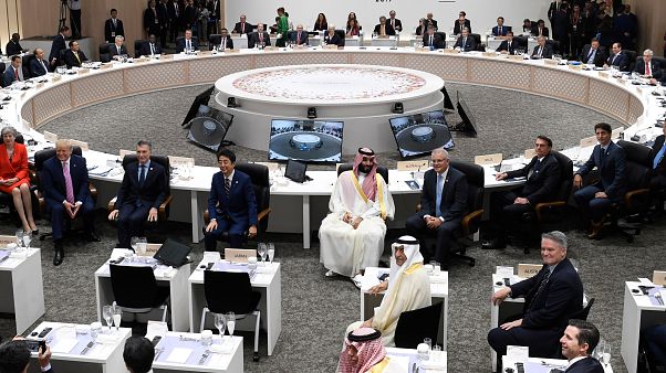 28 Haziran 2019 tarihinde Japonya'nın Osaka kentinde yapılan G20 Liderler Zirvesi'nden bir kare. 28 Haziran 2019 tarihinde Japonya'nın Osaka kentinde yapılan G20 Liderler Zirvesi'nden bir kare.