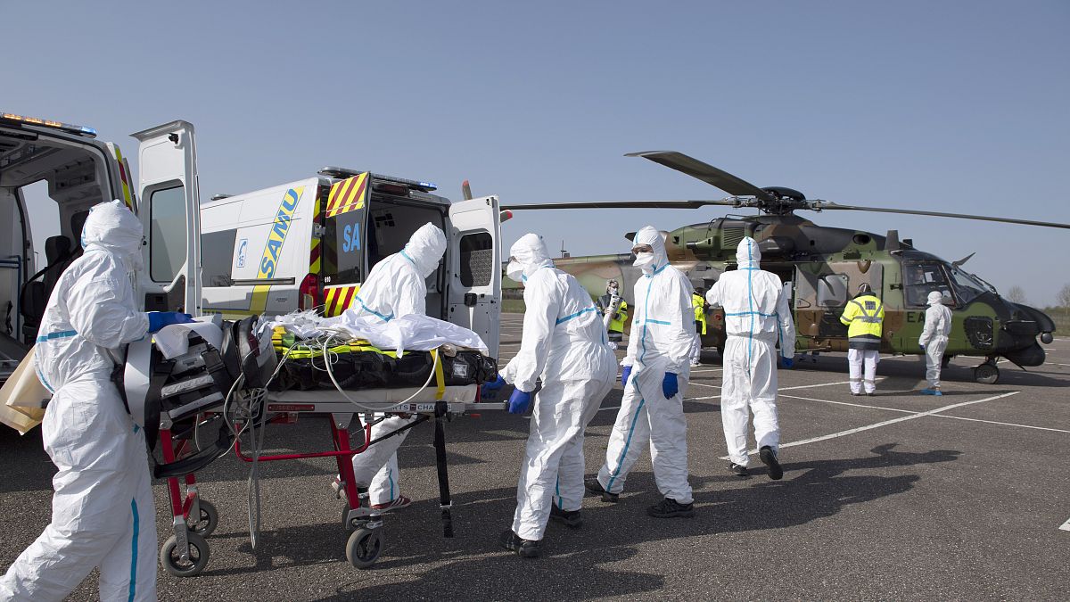 The evacuation of a patient infected with the Covid-19 disease, in Metz, eastern France to Essen, Germany, Saturday March 28, 2020.
