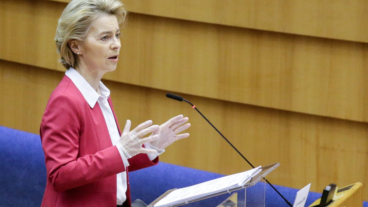 President of European Commission, Ursula Von der Leyen attends a mini plenary session of European Parliament in Brussels, Belgium,  on March 26, 2020.
