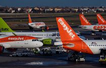 file photo taken on December 29, 2019, an aircraft operated by British low cost airline Easyjet prepares for take off