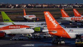 file photo taken on December 29, 2019, an aircraft operated by British low cost airline Easyjet prepares for take off