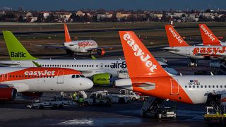 file photo taken on December 29, 2019, an aircraft operated by British low cost airline Easyjet prepares for take off 