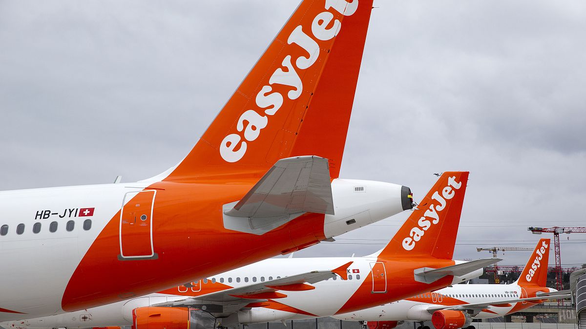 File photo: A large number of easyJet aircrafts are parked on the tarmac of the Geneve Aeroport, in Geneva, Switzerland, Monday, March 30, 2020.