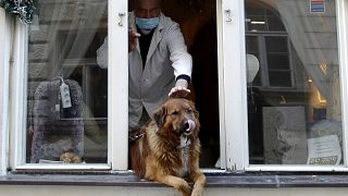 A man pets a dog that sits in a window downtown Prague, Czech Republic, Tuesday, March 24, 2020