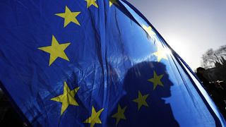 An anti-Brexit campaigner waves a European Union flag outside Parliament in London, Wednesday, Jan. 29, 2020.