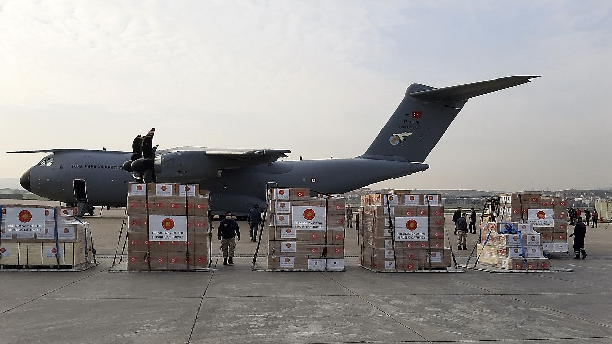 A Turkish military cargo plane is loaded with medical supplies before heading to Italy and Spain, Ankara, Turkey, April 1, 2020.