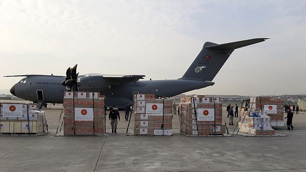 A Turkish military cargo plane is loaded with medical supplies before heading to Italy and Spain, Ankara, Turkey, April 1, 2020. A Turkish military cargo plane is loaded with medical supplies before heading to Italy and Spain, Ankara, Turkey, April 1, 2020.
