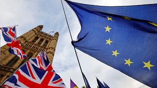 Anti-Brexit activists' EU flags are pictured alongside the Union flags of pro-Brexit activists. (Photo by Tolga Akmen / AFP/ file)