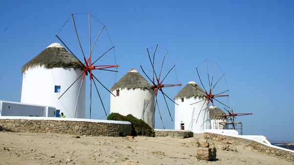 The island of Mykonos in the Cyclades, a Greek island chain in the Aegean Sea. The island of Mykonos in the Cyclades, a Greek island chain in the Aegean Sea.