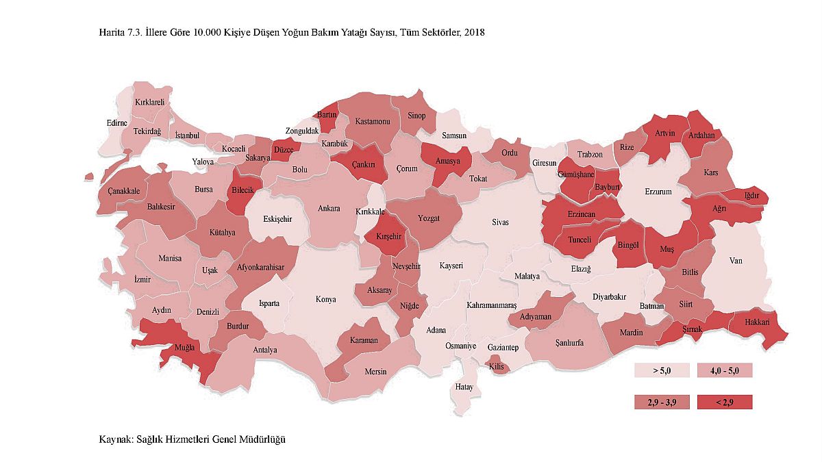 Türkiye'de kişi başına düşen yoğun bakım yatağı sayısı bölgelere göre değişiklik gösteriyor