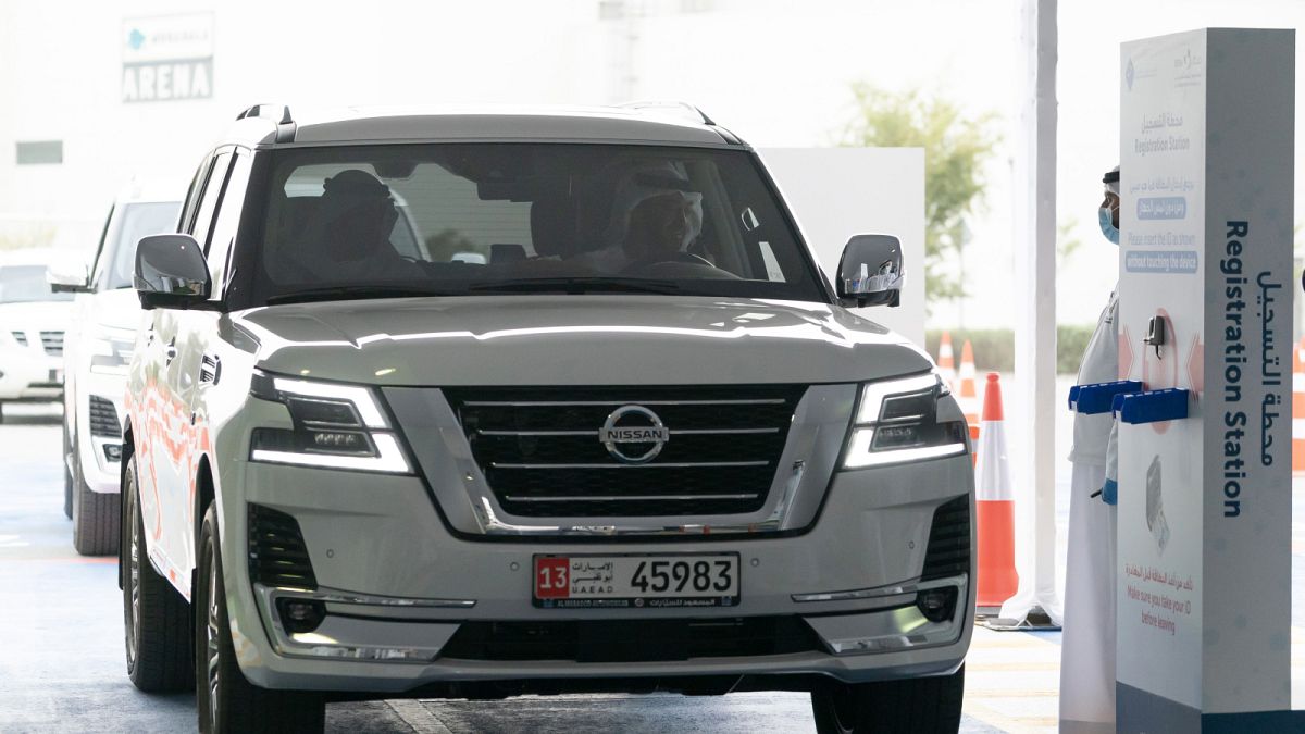 Sheikh Mohamed bin Zayed Al Nahyan, Crown Prince of Abu Dhabi, drives up to the COVID-19 drive-through mobile center in the capital, on the opening day, March 28th, 2020.