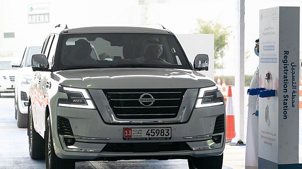 Sheikh Mohamed bin Zayed Al Nahyan, Crown Prince of Abu Dhabi, drives up to the COVID-19 drive-through mobile center in the capital, on the opening day, March 28th, 2020. Sheikh Mohamed bin Zayed Al Nahyan, Crown Prince of Abu Dhabi, drives up to the COVID-19 drive-through mobile center in the capital, on the opening day, March 28th, 2020.