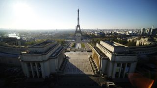 This photo taken Sunday April 5, 2020 shows the Trocadero square with the Eiffel Tower in background during the nationwide confinement due to the coronavirus outbreak in Paris