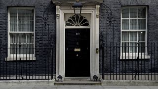 The closed door of 10 Downing Street as British Prime Minister Boris Johnson was moved to intensive care after his coronavirus symptoms worsened in London, April 7, 2020.
