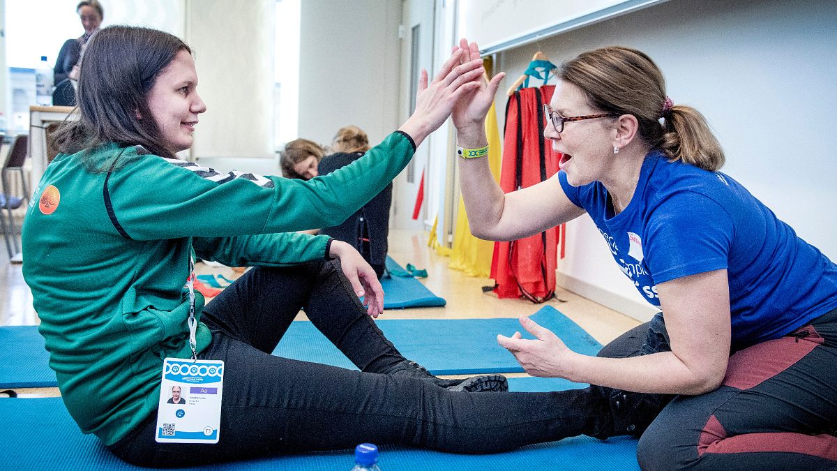A Special Olympics athlete enjoys a FUNfitness screening at the Special Olympics Sweden Invitational Games on 3 February 2020.