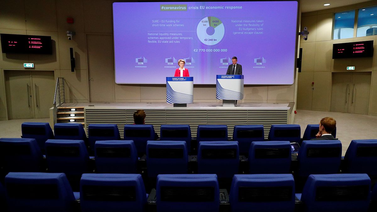 European Commission President Ursula von der Leyen gives a press conference on EU efforts to limit economic impact of coronavirus, Brussels, April 2, 2020. 