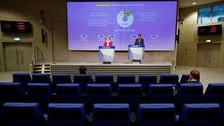 European Commission President Ursula von der Leyen gives a press conference on EU efforts to limit economic impact of coronavirus, Brussels, April 2, 2020. 