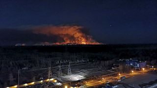 In this photo taken from the roof of Ukraine's Chernobyl nuclear power plant on April 10, 2020, a forest fire is seen burning near the plant inside the exclusion zone.