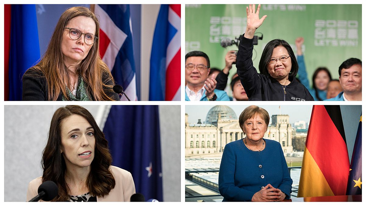 Katrín Jakobsdóttir izlandi kormányfő, Caj Jing-ven tajvani elnö, Jacinda Ardern új-zélandi kormányfő és Angela Merkel német kancellár