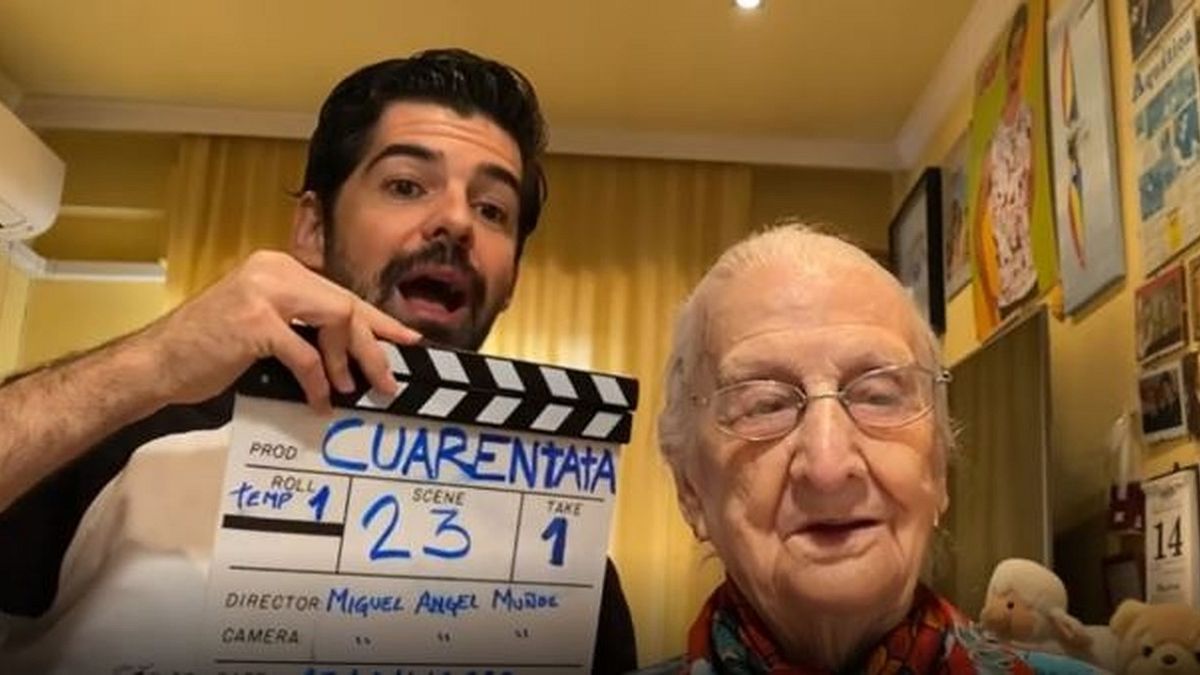 Grandma Tata filming with her nephew, the Spanish actor Miguel Ángel Muñoz