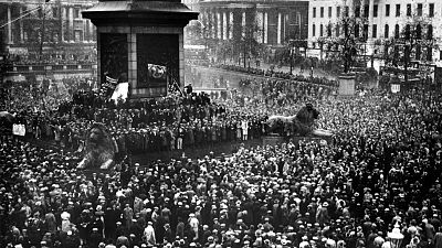 Thousands of hunger marchers assemble in Trafalgar Square, in London, England on Oct. 30, 1932 during the Great Depression
