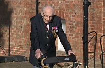 Captain Thomas Moore walking his laps in his garden in Bedfordshire, UK, Tuesday 15th of April, 2020