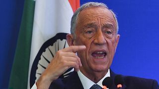 Portugal's President Marcelo Rebelo de Sousa speaks at a business forum in Mumbai on February 15, 2020. (Photo by Indranil MUKHERJEE / AFP)