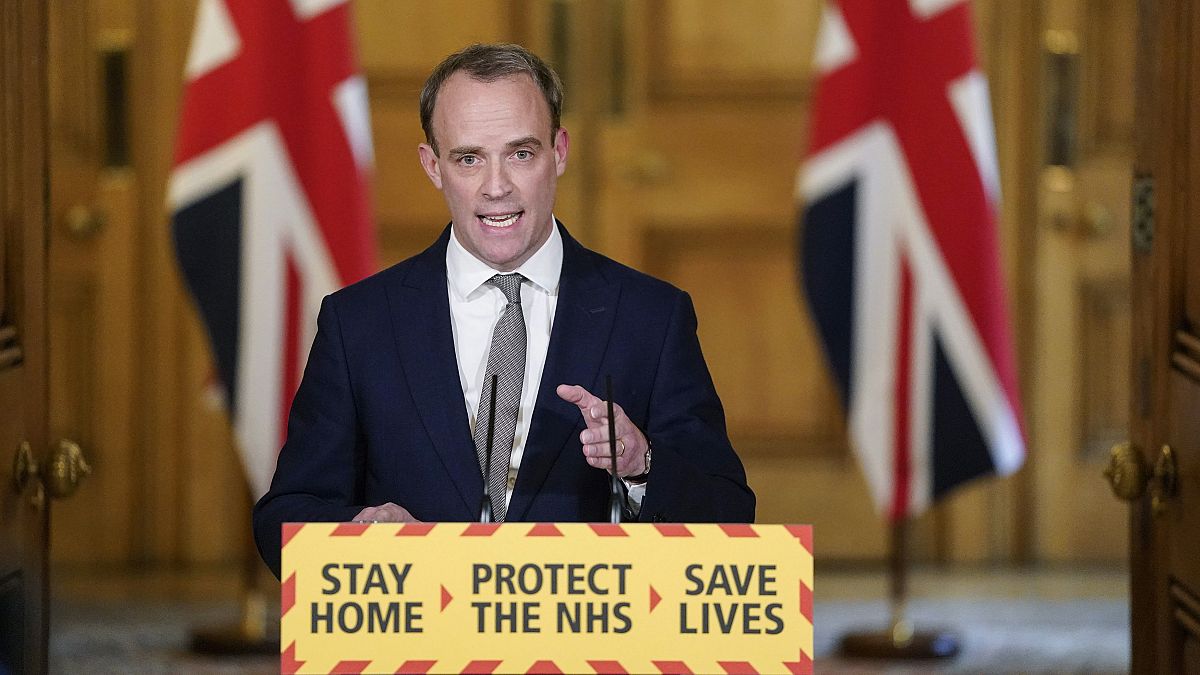 Britain's Foreign Secretary Dominic Raab at 10 Downing Street, in London, Thursday April 16, 2020. 