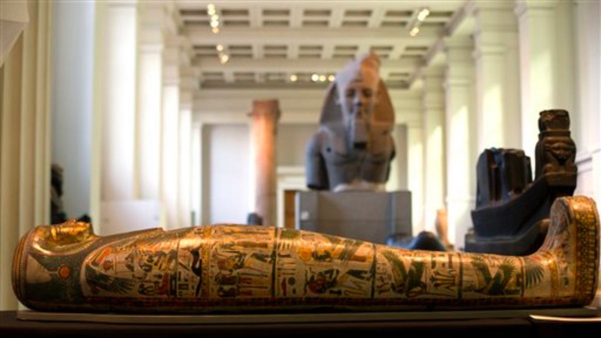 The Mummy of Tamut, a temple singer around 900 BC, is shown during a press conference at the British Museum in London, Wednesday April 9, 2014.