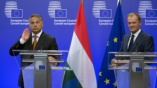 European Council President Donald Tusk, right, and Hungarian Prime Minister Viktor Orban