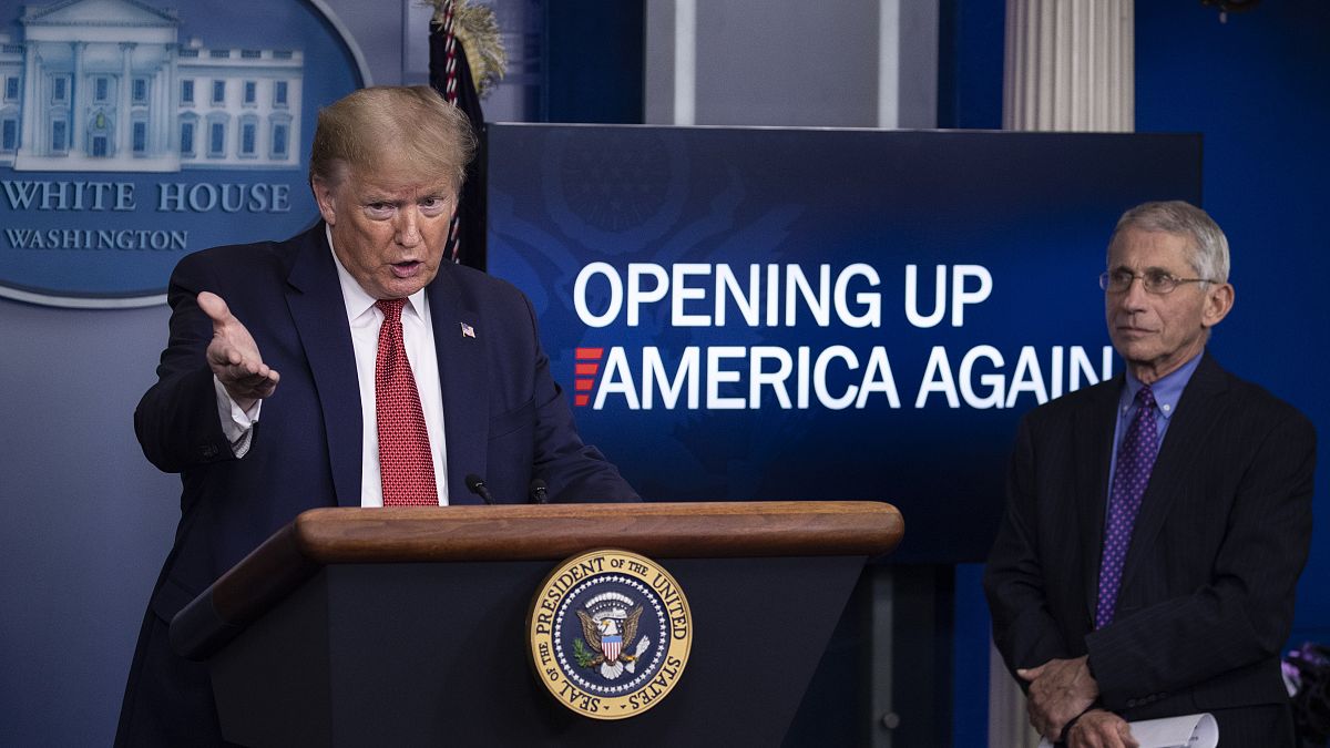 President Donald Trump with Dr Anthony Fauci, director of the National Institute of Allergy and Infectious Diseases, at the White House, Washington DC, April 16, 2020.