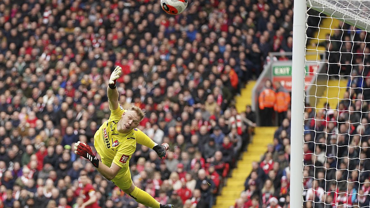 Bournemouth's goalkeeper Aaron Ramsdale saves during the English Premier League soccer match between Liverpool and Bournemouth at Anfield, Liverpool, March 7, 2020. 