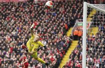 Bournemouth's goalkeeper Aaron Ramsdale saves during the English Premier League soccer match between Liverpool and Bournemouth at Anfield, Liverpool, March 7, 2020.