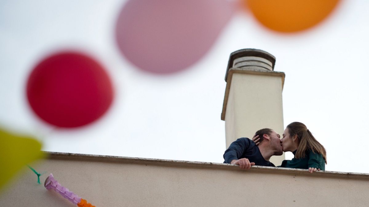 A couple celebrate their upcoming wedding at their home in Ronda, Spain, during national lockdown - April 7, 2020