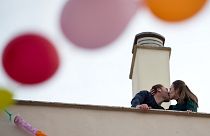 A couple celebrate their upcoming wedding at their home in Ronda, Spain, during national lockdown - April 7, 2020