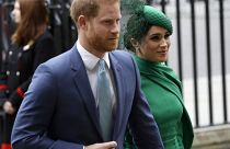 Britain's Harry and Meghan the Duke and Duchess of Sussex arrive to attend the annual Commonwealth Day service at Westminster Abbey in London, Monday, March 9, 2020.