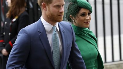 Britain's Harry and Meghan the Duke and Duchess of Sussex arrive to attend the annual Commonwealth Day service at Westminster Abbey in London, Monday, March 9, 2020.